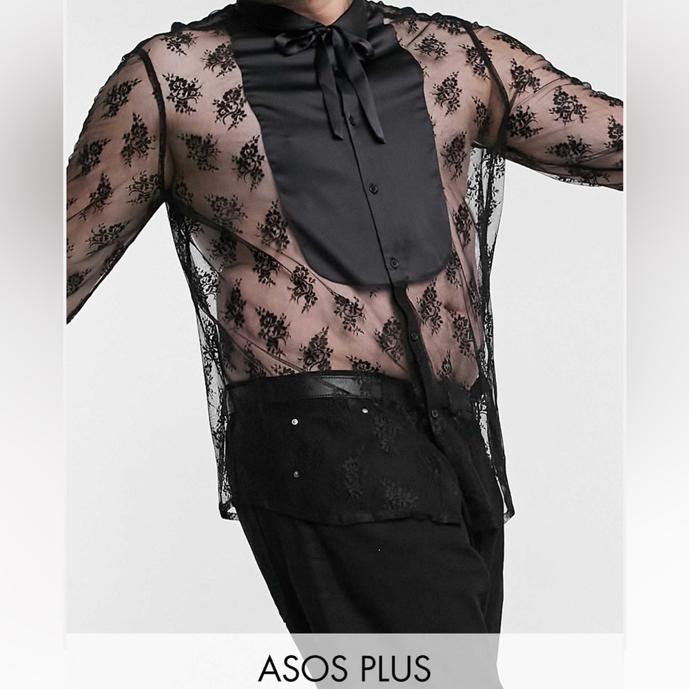 ASOS plus regular fit lace shirt with satin placket detail in black